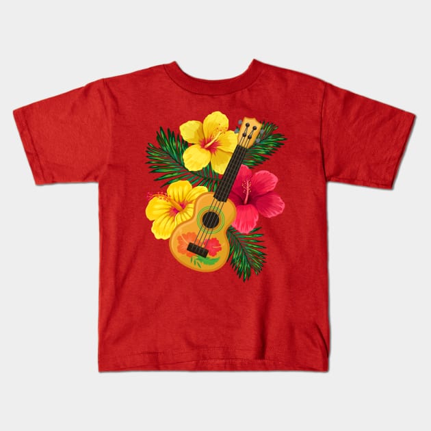 Hawaiian Ukulele Lute and Hibiscus Kids T-Shirt by soulfulprintss8